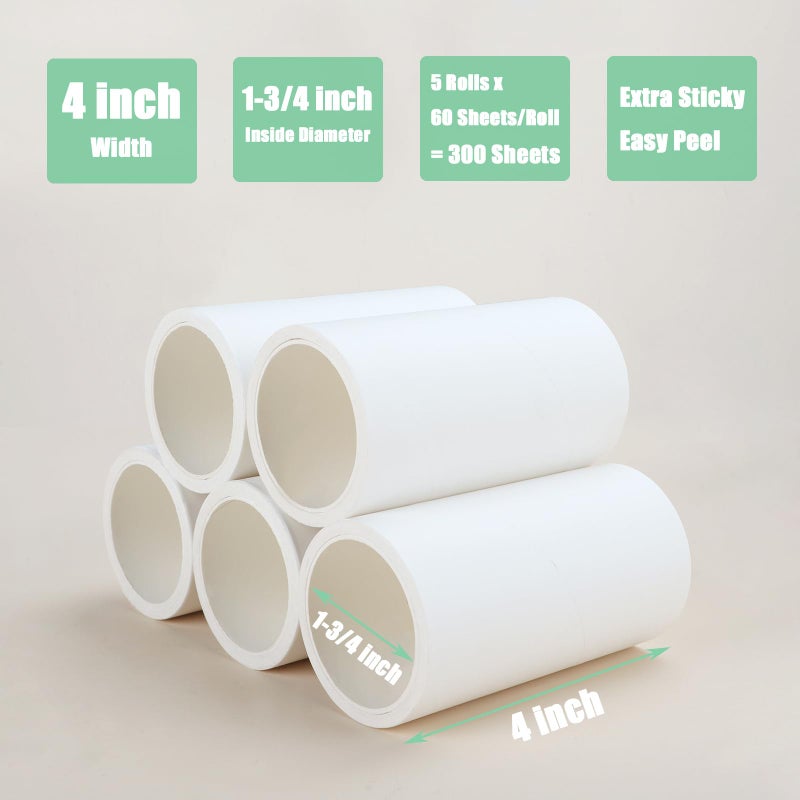 MINGRACE 4 inch Lint Roller Refill for Scotch-Brite Pet Extra Sticky Hair Lint Roller 5 Refills 60 Sheets per Refill Total 300 Sheets (Inside Diamater 1-3/4 inch) - Image 2